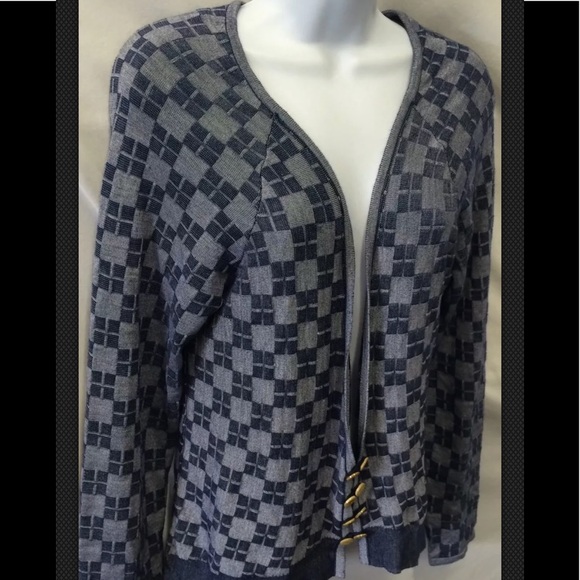 HWR Monogram Cardigan Sweater Blue Anthropologie Boyfriend Checkerboard Silk - Picture 5 of 9